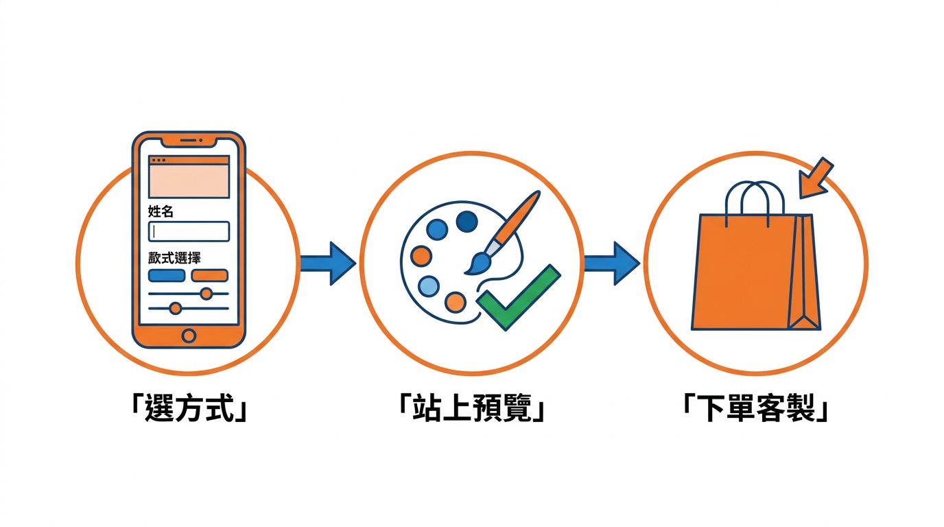 三步驟橫向流程示意圖,三個圓形節點由左到右以箭頭連接:第一個節點是手機畫面顯示輸入名字選方式的預覽框