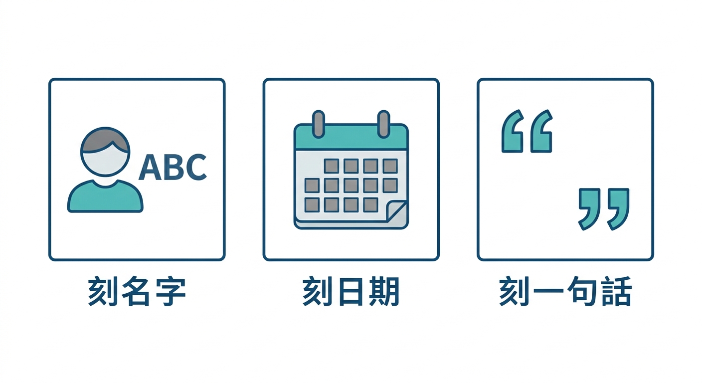 刻字靈感範例排版插畫,三個並排的客製牌面示意,分別示範「刻名」「刻日期」「刻一句話」三種方向