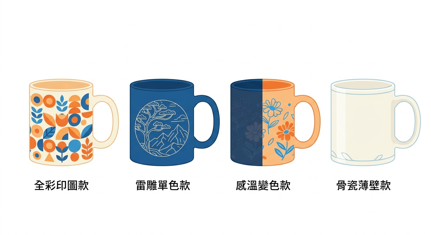 四款馬克杯工法對照插畫並排,分別為全彩印圖款、雷雕單色款、感溫變色款、骨瓷薄壁款,每只杯子以扁平插畫