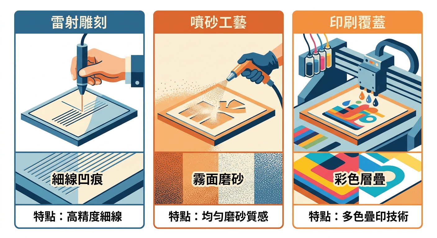 三欄並排概念插畫,由左到右示意三種刻名工法:雷雕(細線凹痕)、噴砂(霧面磨砂塊)、印刷(彩色覆蓋層)