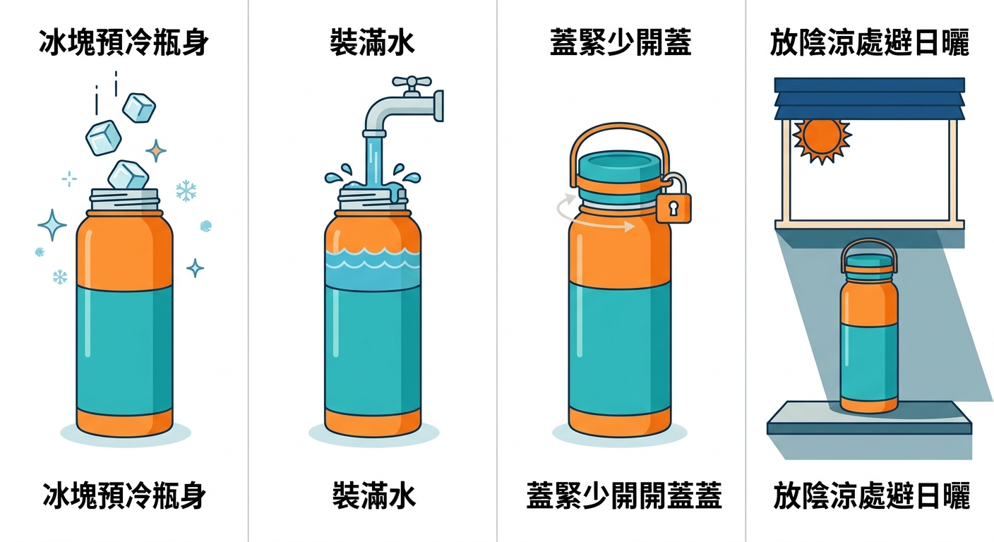 四格情境拼貼風格插畫，分別示意「冰塊預冷瓶身」「裝滿水」「蓋緊少開蓋」「放陰涼處避日曬」四個延長保冰