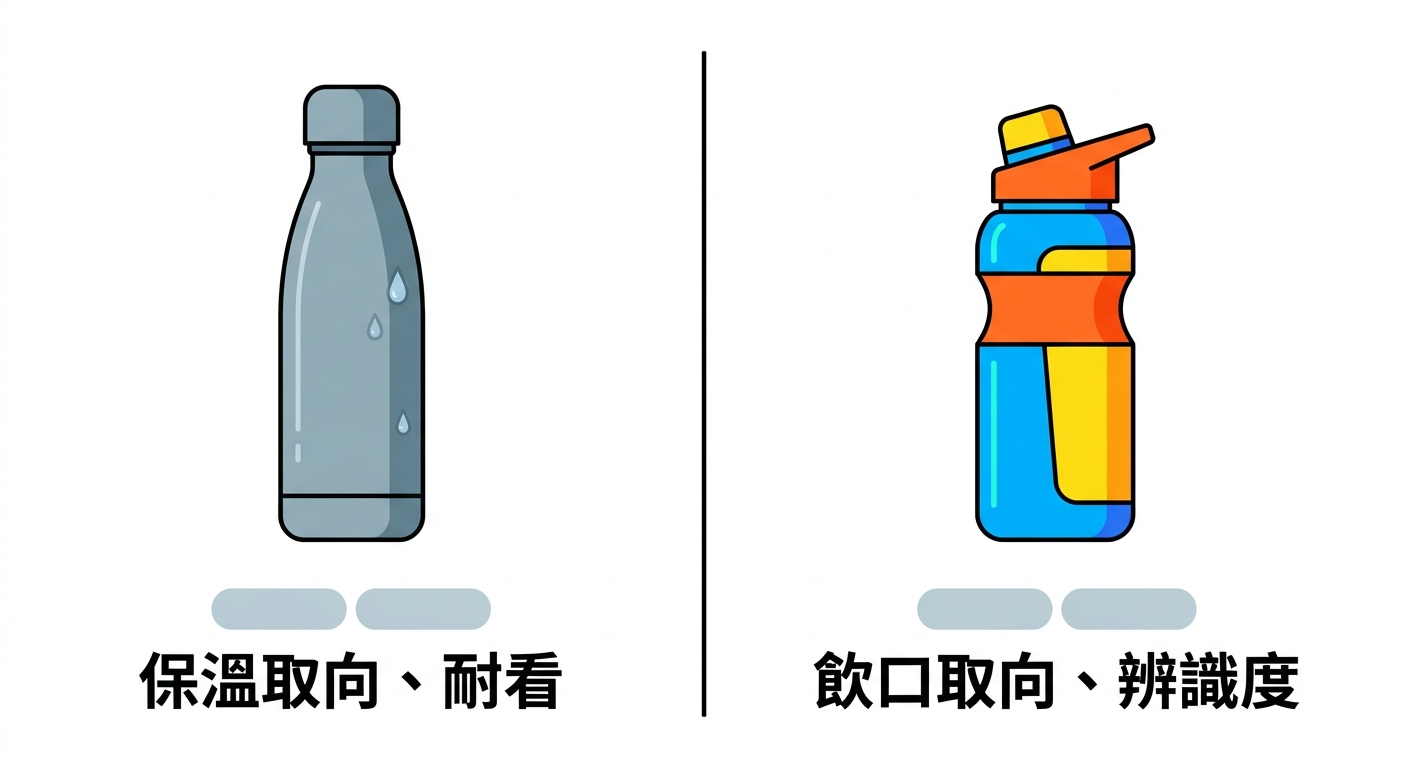 左右對照插畫，左半邊一支霧面、線條簡約的窄口保溫瓶，搭配冷飲水珠與低調質感色調，標示「保溫取向、耐看
