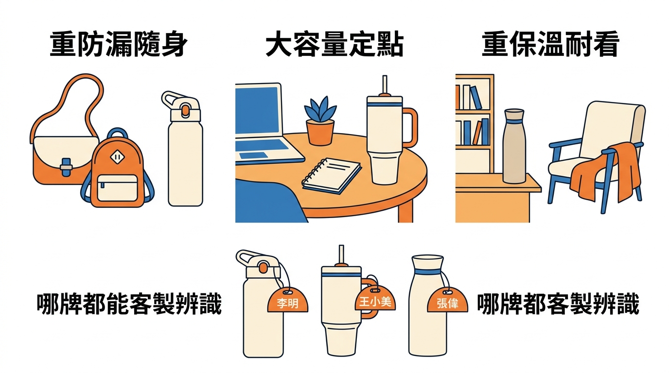 三格決策示意圖，三格各對應一種需求與推薦：第一格「重防漏隨身」對應彈跳蓋水瓶、第二格「大容量定點」對