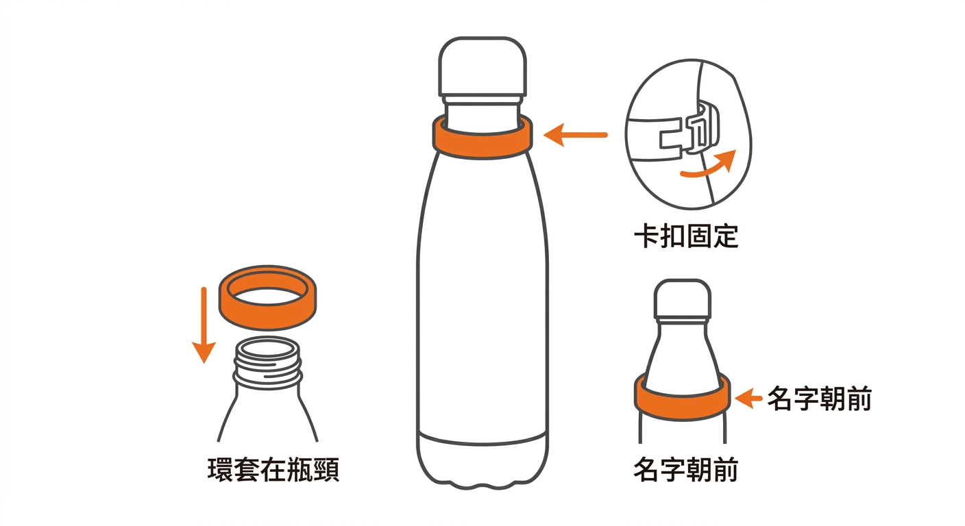 姓名環結構示意圖，單支水瓶線稿，瓶頸位置以橘色標出一圈姓名環的套合位置，箭頭示意「環套在瓶頸、卡扣固