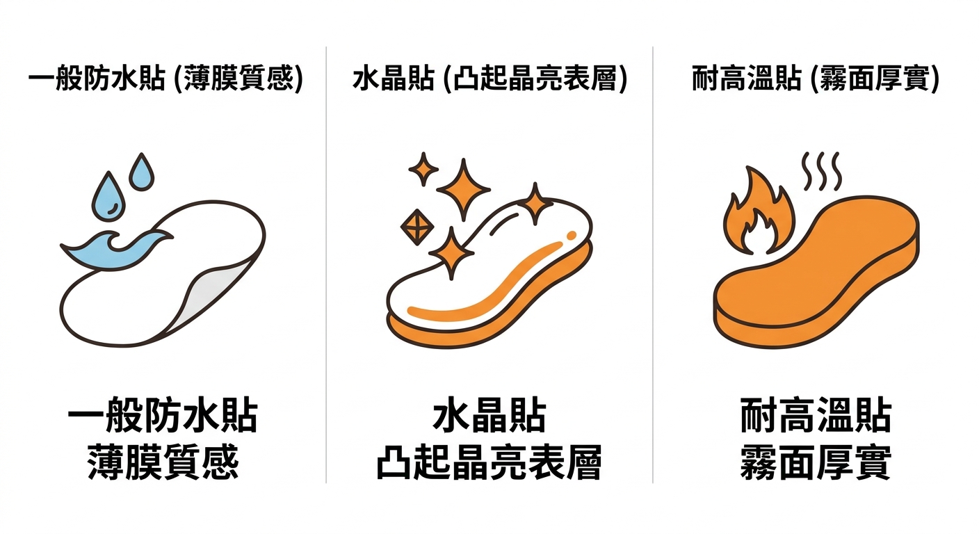 三欄並列的姓名貼種類示意，A 欄一般防水貼（薄膜質感）、B 欄水晶貼（凸起晶亮表層）、C 欄耐高溫貼